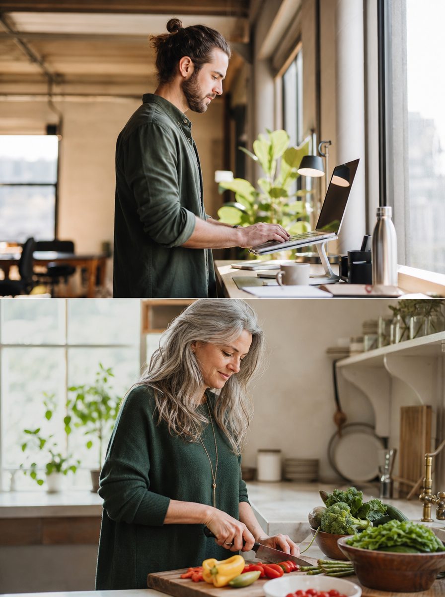 Woman preparing fresh vegetables in a bright kitchen