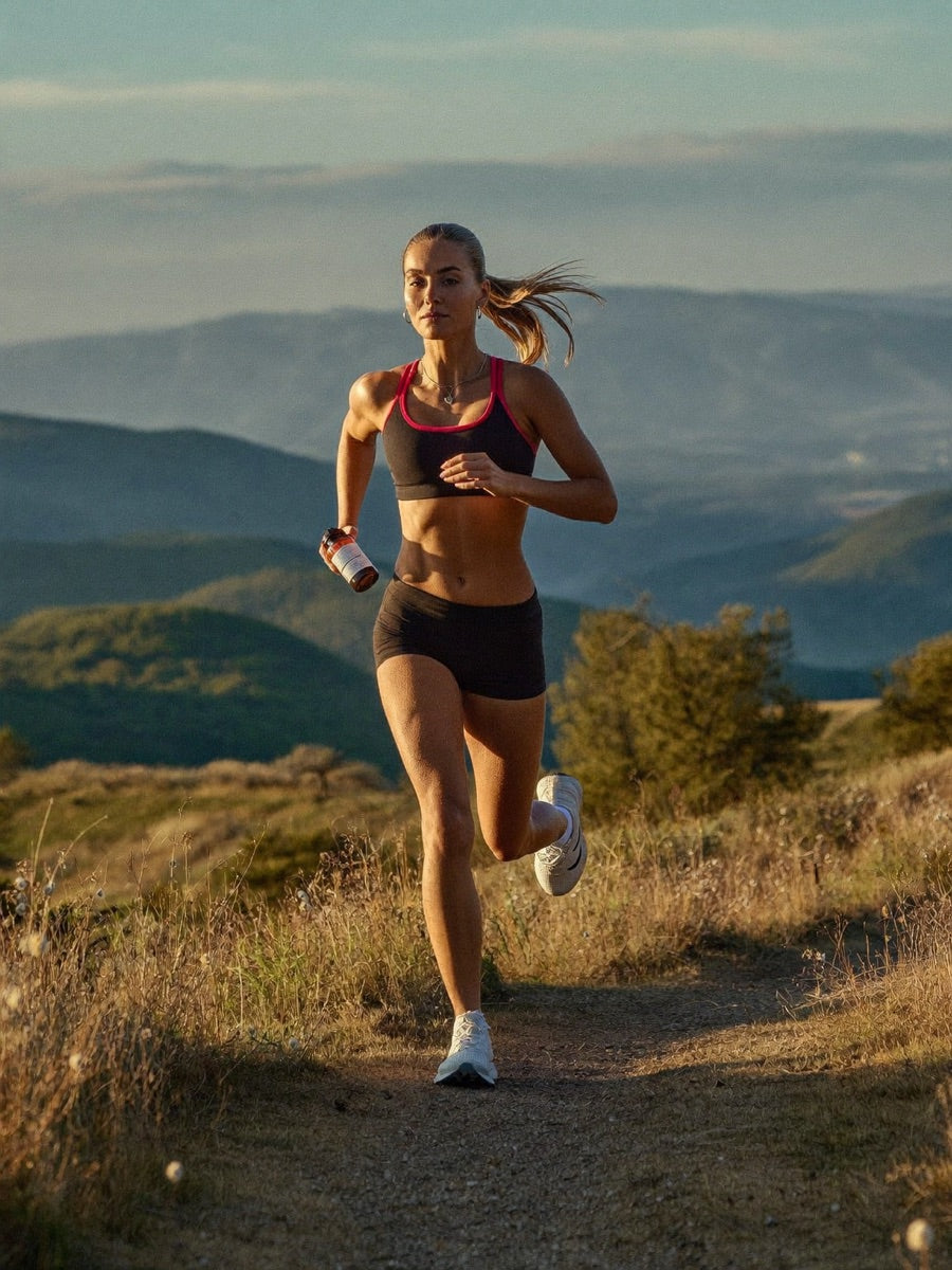 Woman running strongly up a trail at golden hour