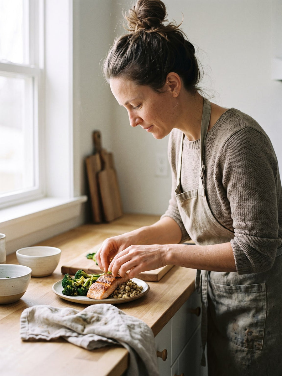 Woman plating a small balanced salmon and greens meal in a bright kitchen