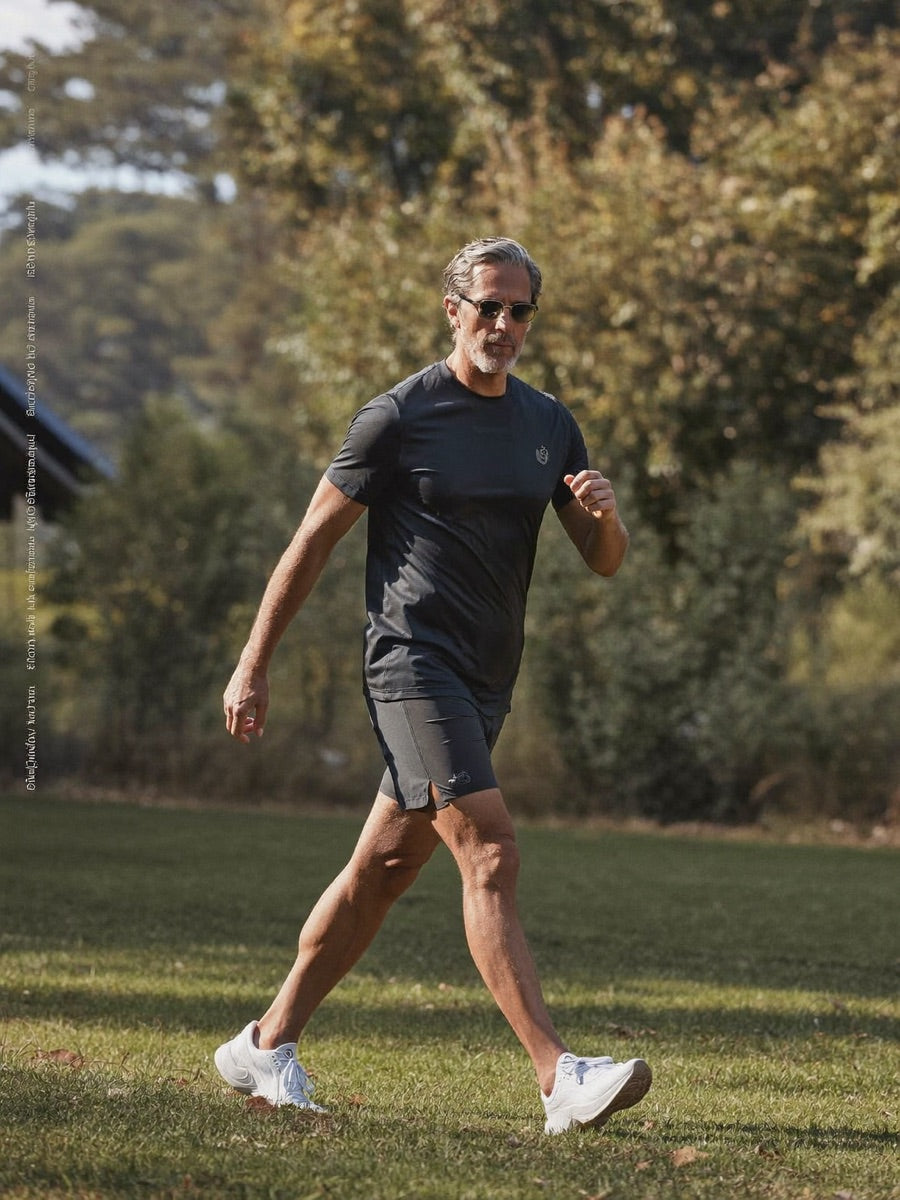 Active man in his sixties walking briskly at sunrise