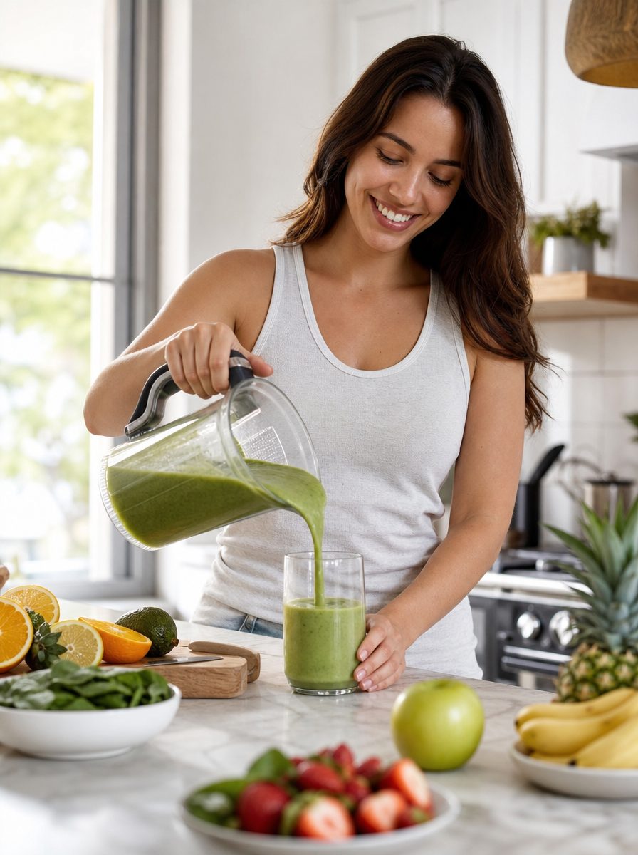Woman making a fresh smoothie in a sunny kitchen