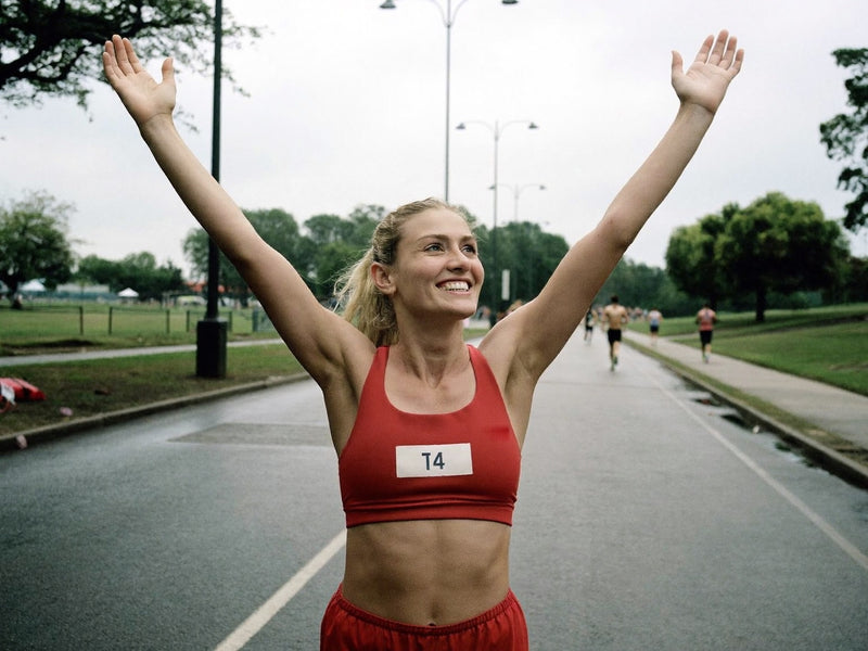 Runner celebrating with both arms raised at the end of a road race